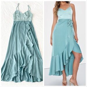 NWOT Lulus Double Darling Sage Green Color Block Satin Ruffled Maxi Dress Small